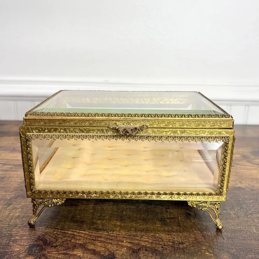 Vintage French‎ Jewelry Box Footed Casket Ormulu Filigree Beveled Glass Regency
